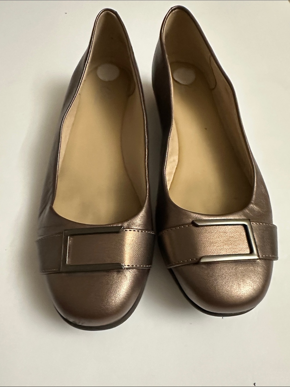 Women's Metallic Bronze Ballet Flats with Decorative Buckle